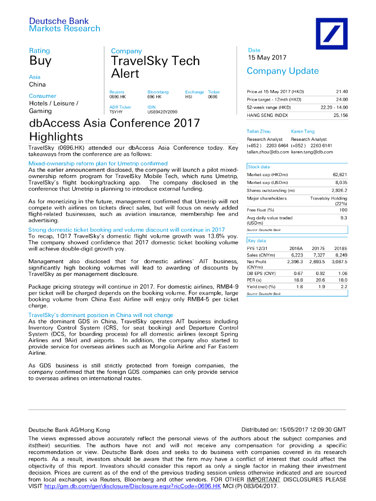 德意志银行：中国民航信息网络（00696）港股公司研究报告-dbAccessAsiaConference2017Highlights