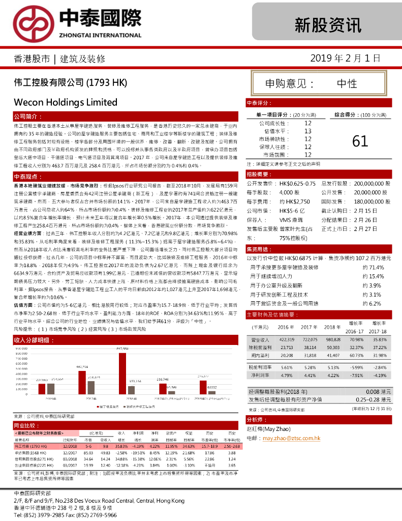 中泰国际证券：新股资讯：伟工控股有限公司