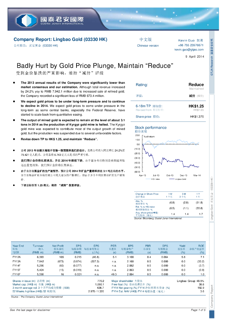 国泰君安证券(香港)：灵宝黄金（03330）港股公司研究报告-受到金价暴跌的严重影响，维持“减持”评级