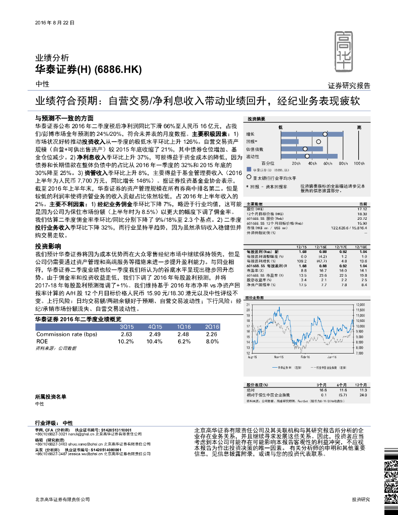 高华证券：华泰证券（06886）港股公司研究报告-业绩符合预期：自营交易/净利息收入带动业绩回升，经纪业务表现疲软