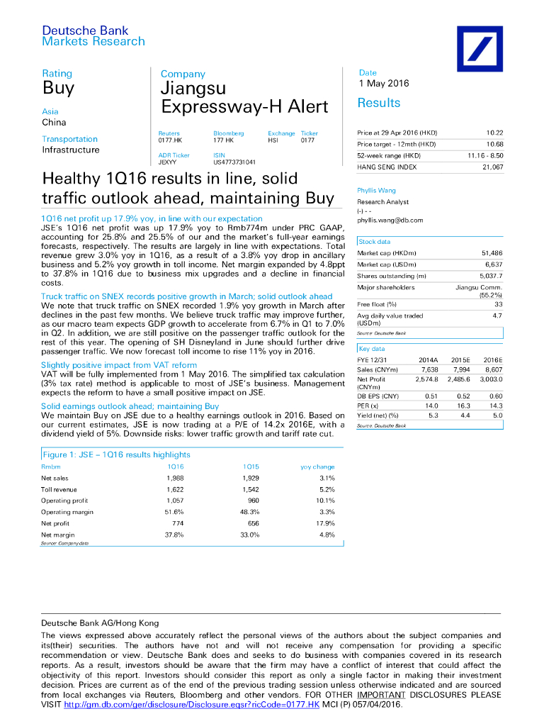 德意志银行：江苏宁沪高速公路（00177）港股公司研究报告-Healthy1Q16resultsinline,solidtrafficoutlookahead,maintainingBuy