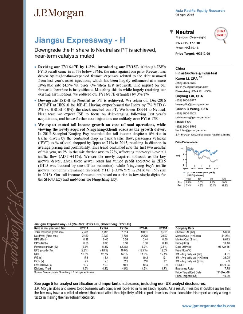 JP摩根资产管理公司亚洲：江苏宁沪高速公路（00177）港股公司研究报告-DowngradetheHsharetoNeutralasPTisachieved,near-termcatalystsmuted