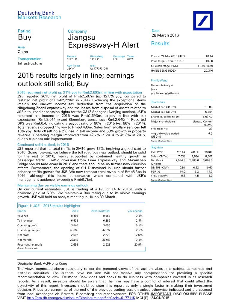 德意志银行：江苏宁沪高速公路（00177）港股公司研究报告-2015resultslargelyinline;earningsoutlookstillsolid;Buy