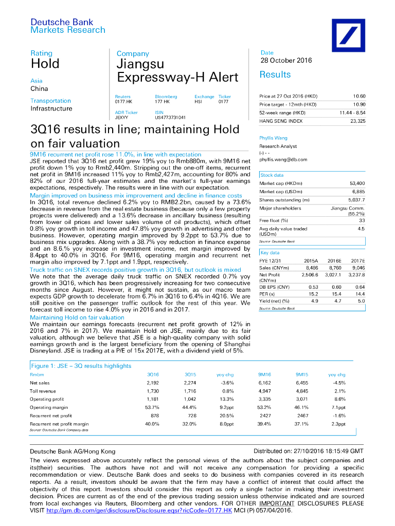 德意志银行：江苏宁沪高速公路（00177）港股公司研究报告-3Q16resultsinline;maintainingHoldonfairvaluation