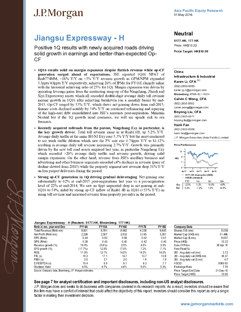 JP摩根资产管理公司亚洲：江苏宁沪高速公路（00177）港股公司研究报告-Positive1Qresultswithnewlyacquiredroadsdrivingsolidgrowthinearnings