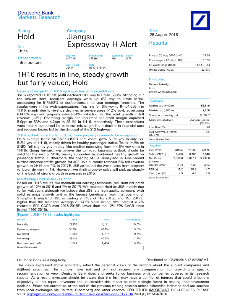 德意志银行：江苏宁沪高速公路（00177）港股公司研究报告-1H16resultsinline,steadygrowthbutfairlyvalued;Hold