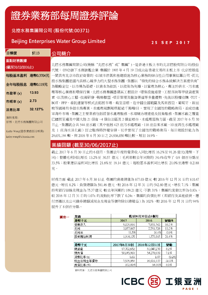 工银亚洲：北控水务集团（00371）港股公司研究报告-证券业务部每周证券评论