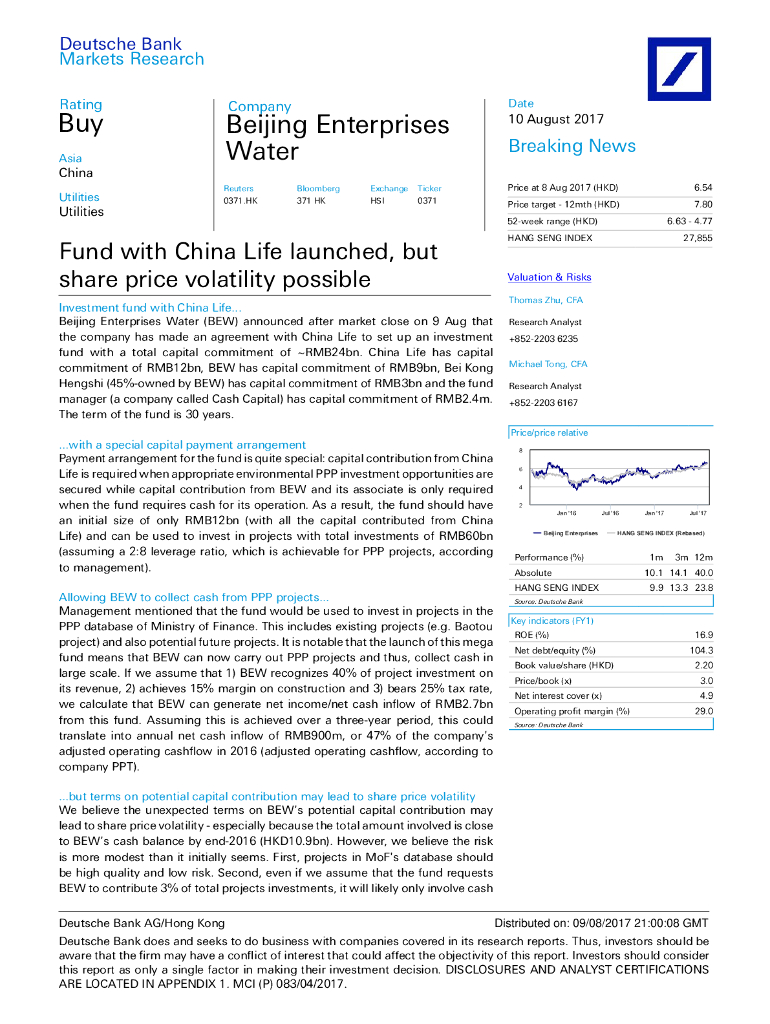 德意志银行：北控水务集团（00371）港股公司研究报告-FundwithChinaLifelaunched,butsharepricevolatilitypossible