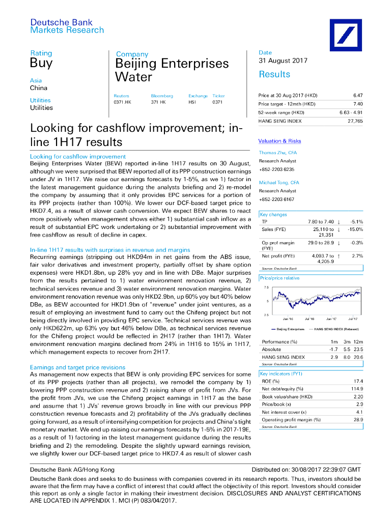 德意志银行：北控水务集团（00371）港股公司研究报告-Lookingforcashflowimprovement;inline1H17results