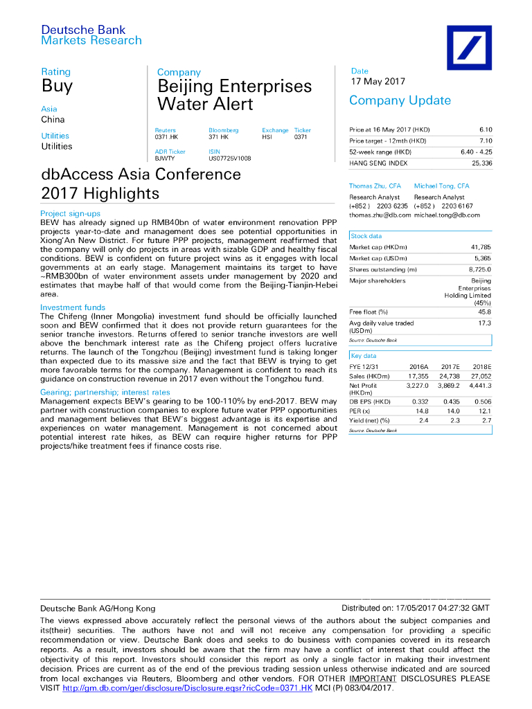 德意志银行：北控水务集团（00371）港股公司研究报告-dbAccessAsiaConference2017Highlights
