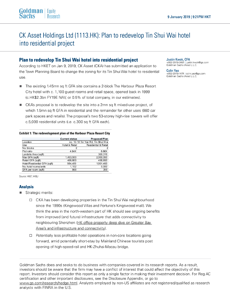高盛：长实集团（01113）港股公司研究报告-PlantoredevelopTinShuiWaihotelintoresidentialproject