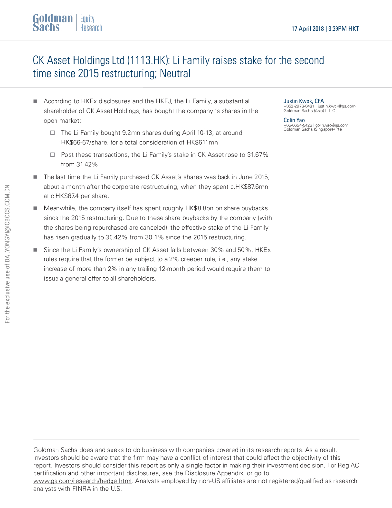 高盛：长实集团（01113）港股公司研究报告-LiFamilyraisesstakeforthesecondtimesince2015restructuring;Neutral