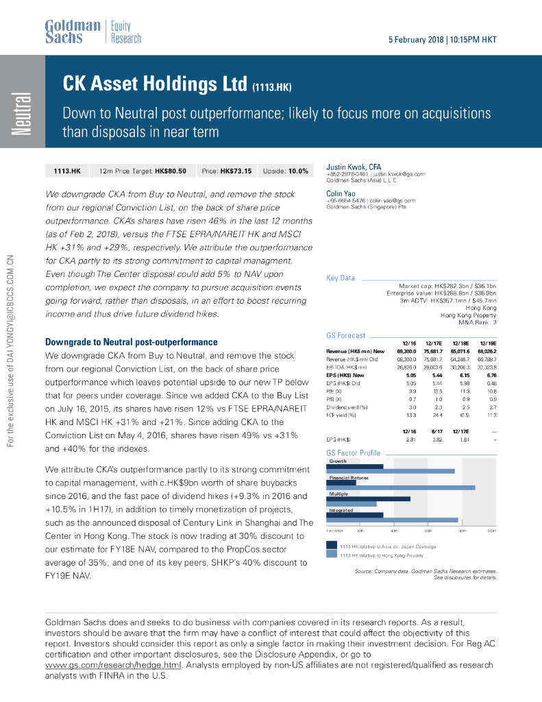 高盛：长实集团（01113）港股公司研究报告-DowntoNeutralpostoutperformance;likelytofocusmoreonacquisitionsthan