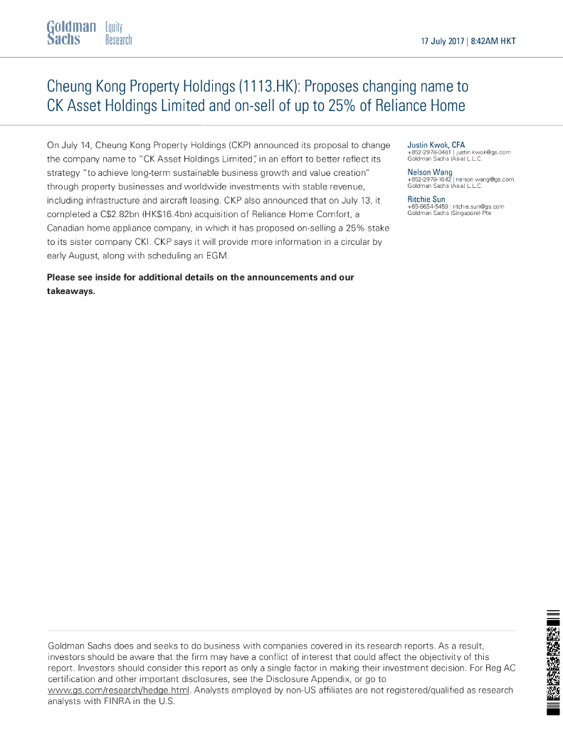 高盛：长实集团（01113）港股公司研究报告-ProposeschangingnametoCKAssetHoldingsLimitedandon-sellofupto25%of