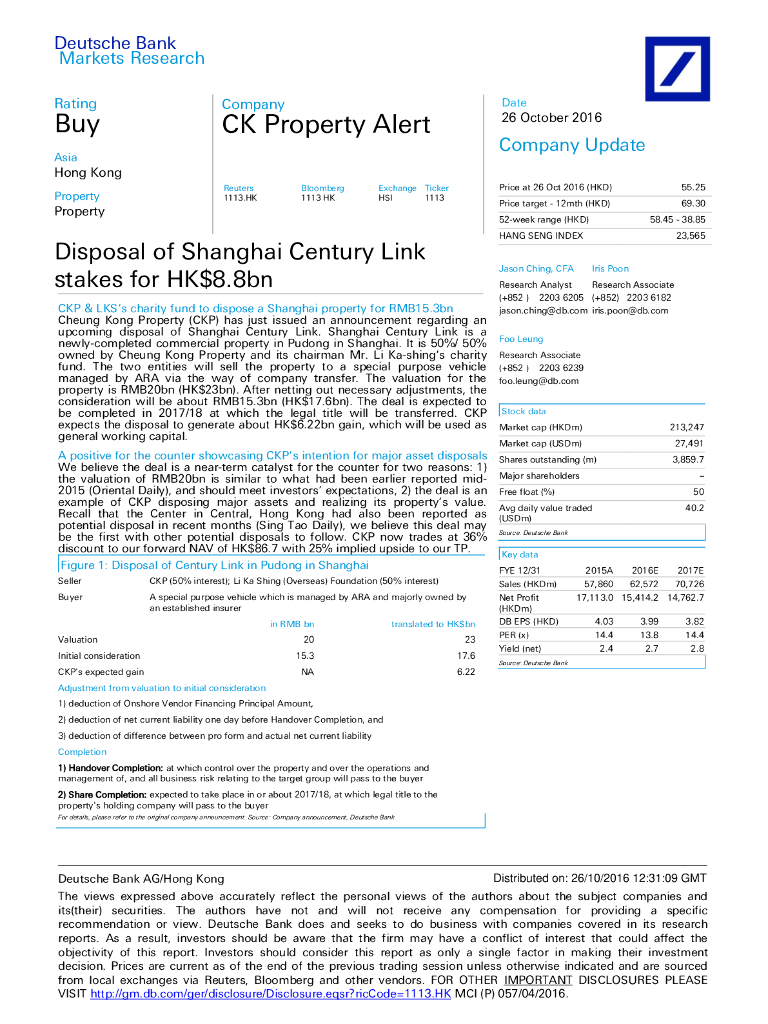 德意志银行：长实集团（01113）港股公司研究报告-DisposalofShanghaiCenturyLinkstakesforHK$8.8bn