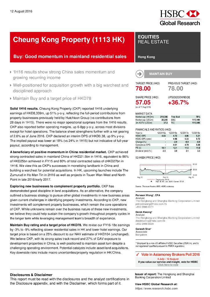 汇丰银行：长实集团（01113）港股公司研究报告-Buy:Goodmomentuminmainlandresidentialsales