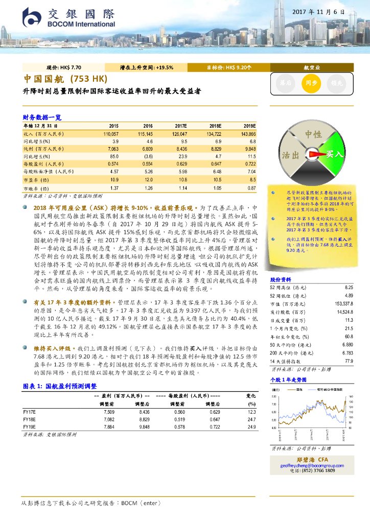 交银国际证券：中国国航（00753）港股公司研究报告-升降时刻总量限制和国际客运收益率回升的最大受益者