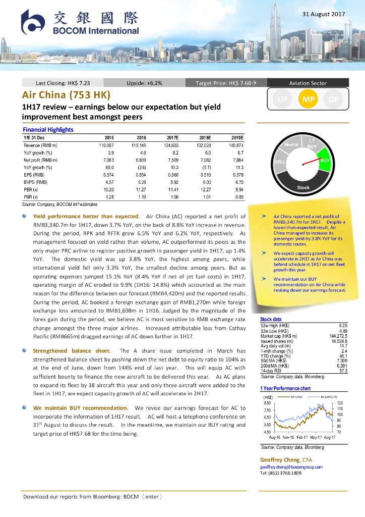 交银国际证券：中国国航（00753）港股公司研究报告-1H17review–earningsbelowourexpectationbutyieldimprovementbestamongst