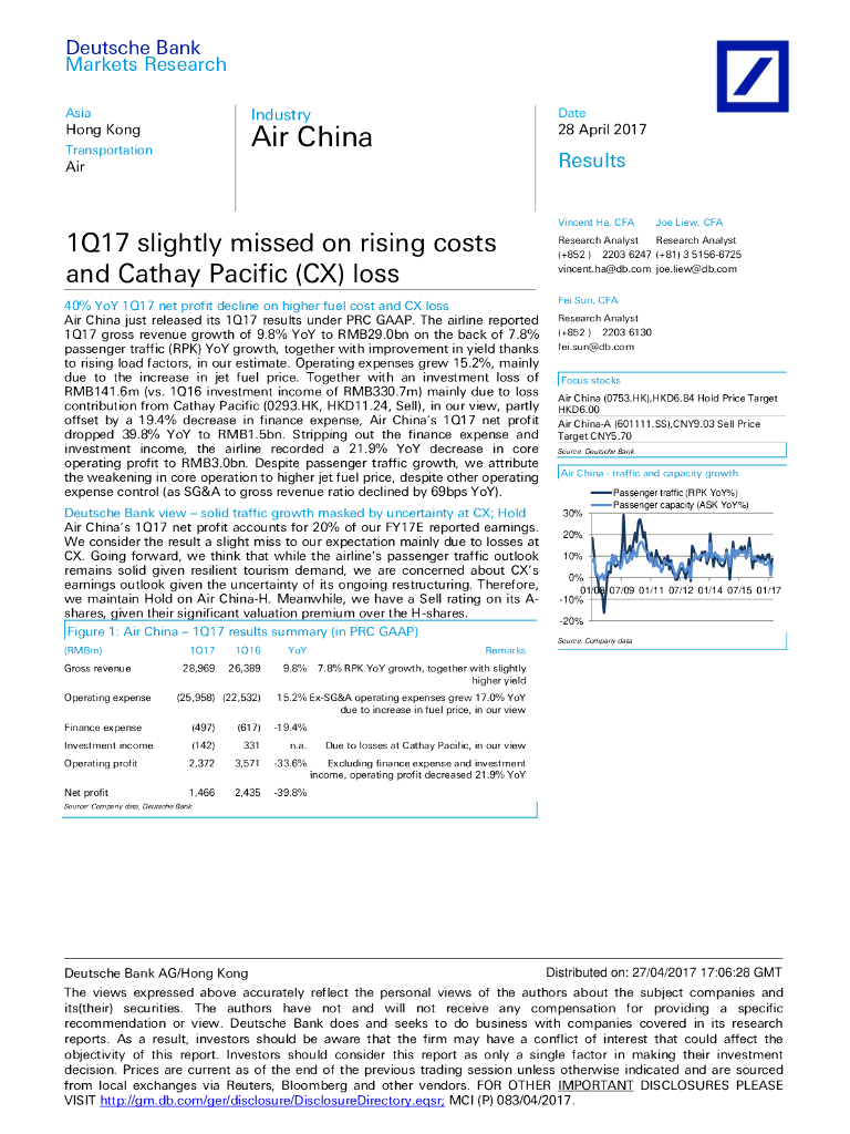 德意志银行：中国国航（00753）港股公司研究报告-1Q17slightlymissedonrisingcostsandCathayPacific(CX)loss