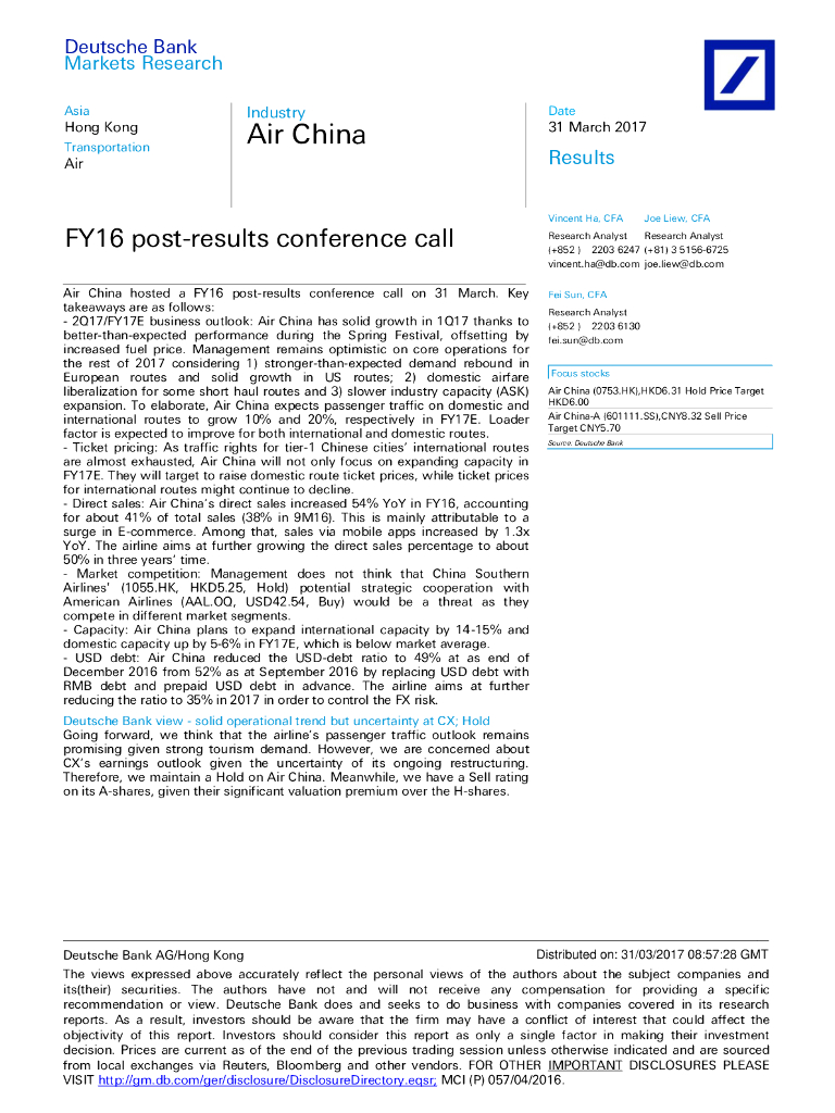 德意志银行：中国国航（00753）港股公司研究报告-FY16post-resultsconferencecall