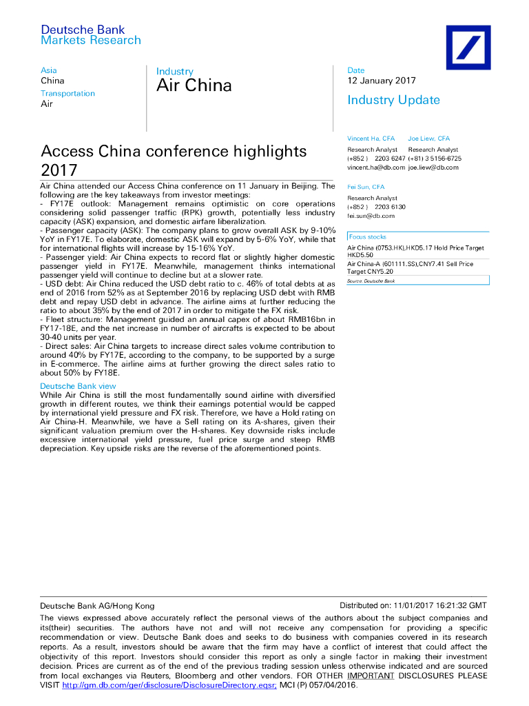 德意志银行：中国国航（00753）港股公司研究报告-AirChina:AccessChinaconferencehighlights2017