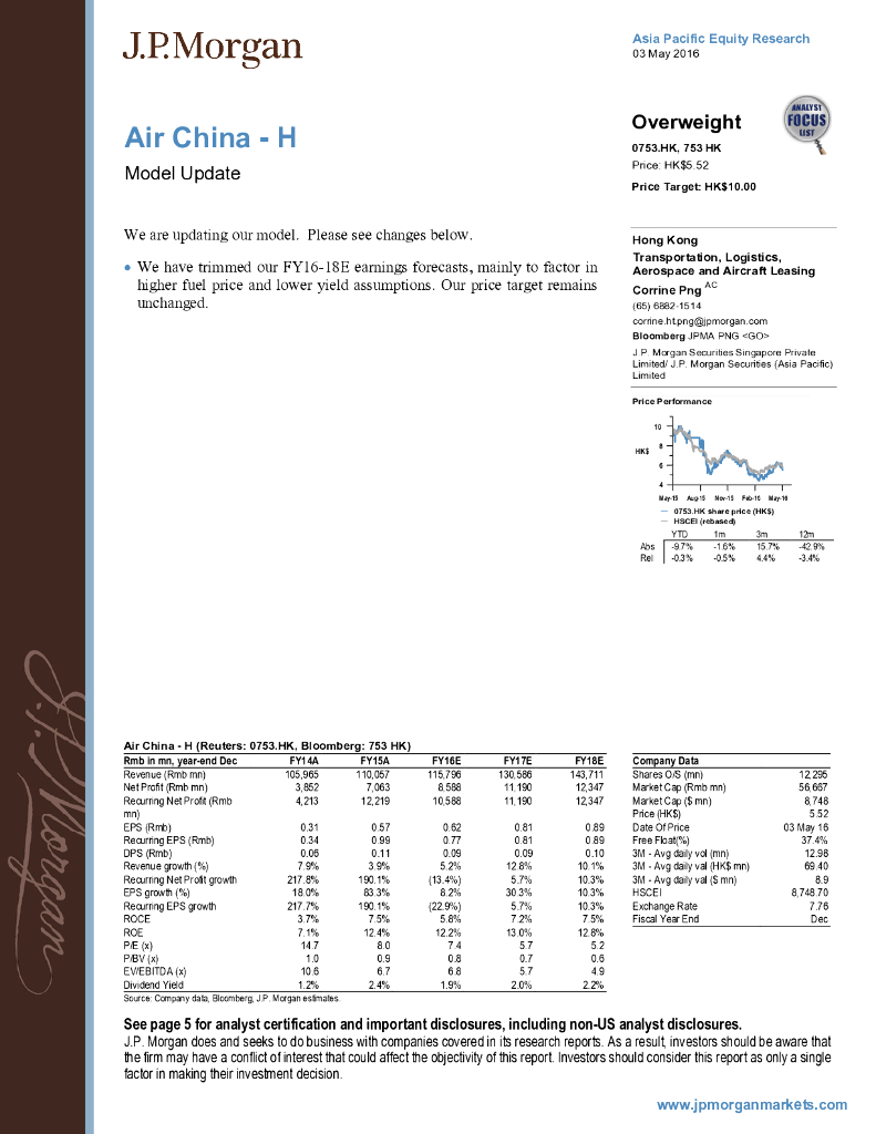 JP摩根资产管理公司亚洲：中国国航（00753）港股公司研究报告-ModelUpdate