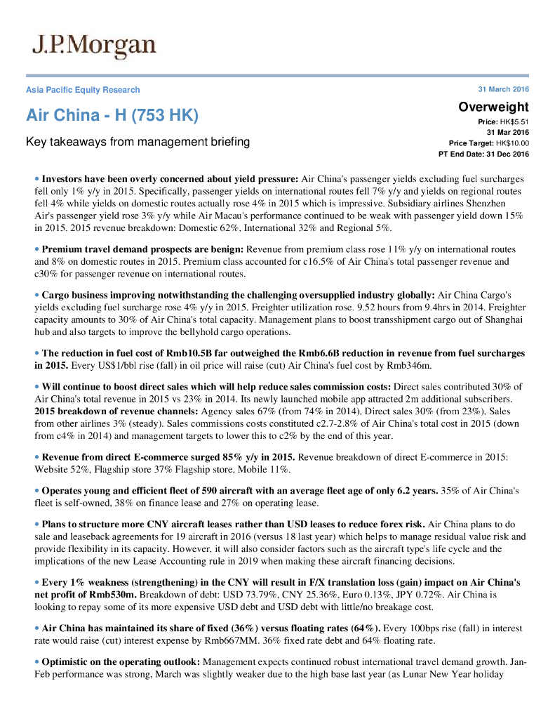 JP摩根资产管理公司亚洲：中国国航（00753）港股公司研究报告-Keytakeawaysfrommanagementbriefing