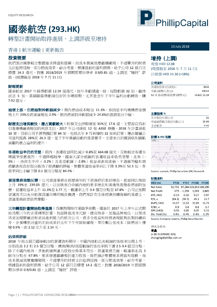 辉立证券：国泰航空（00293）港股公司研究报告-转型计画开始取得进展，上调评级至增持