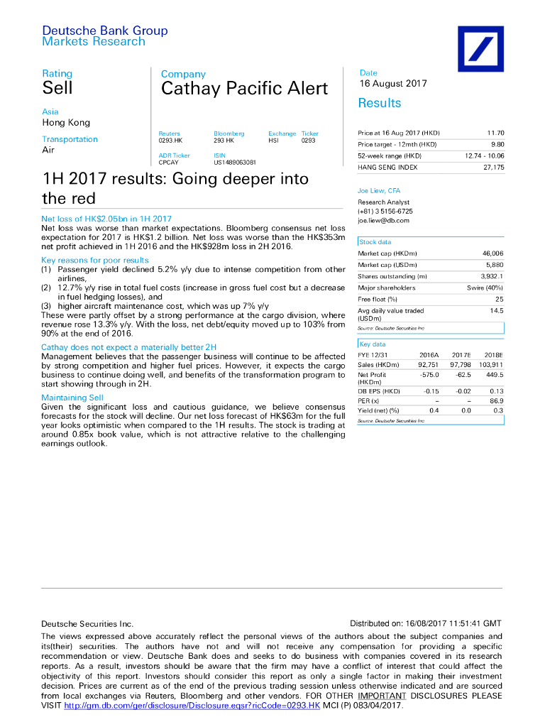 德意志银行：国泰航空（00293）港股公司研究报告-1H2017results:Goingdeeperintothered