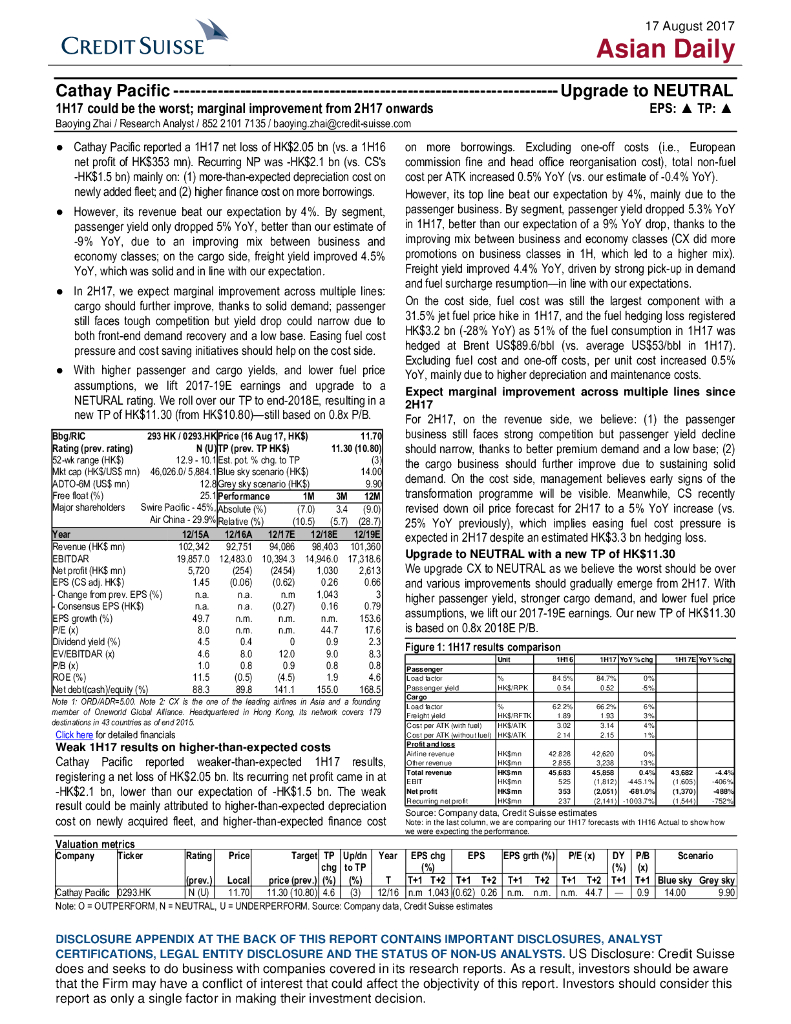 瑞信银行：国泰航空（00293）港股公司研究报告-1H17couldbetheworst;marginalimprovementfrom2H17onwards