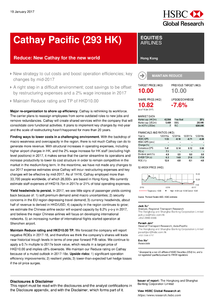 汇丰银行：国泰航空（00293）港股公司研究报告-Reduce:NewCathayforthenewworld