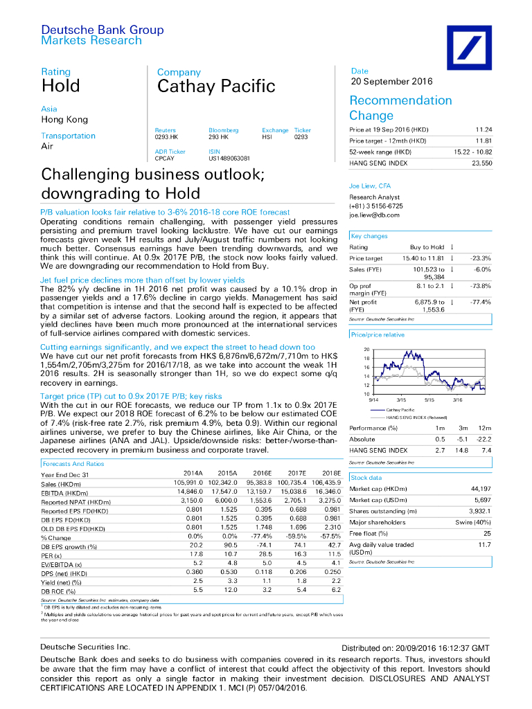 德意志银行：国泰航空（00293）港股公司研究报告-Challengingbusinessoutlook;downgradingtoHold