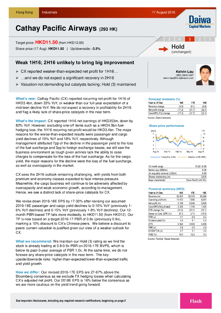 大和证券：国泰航空（00293）港股公司研究报告-Weak1H16;2H16unlikelytobringbigimprovement