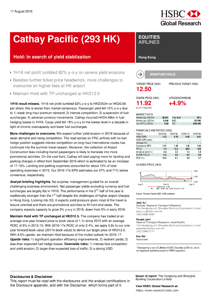 汇丰银行：国泰航空（00293）港股公司研究报告-Hold:Insearchofyieldstablization