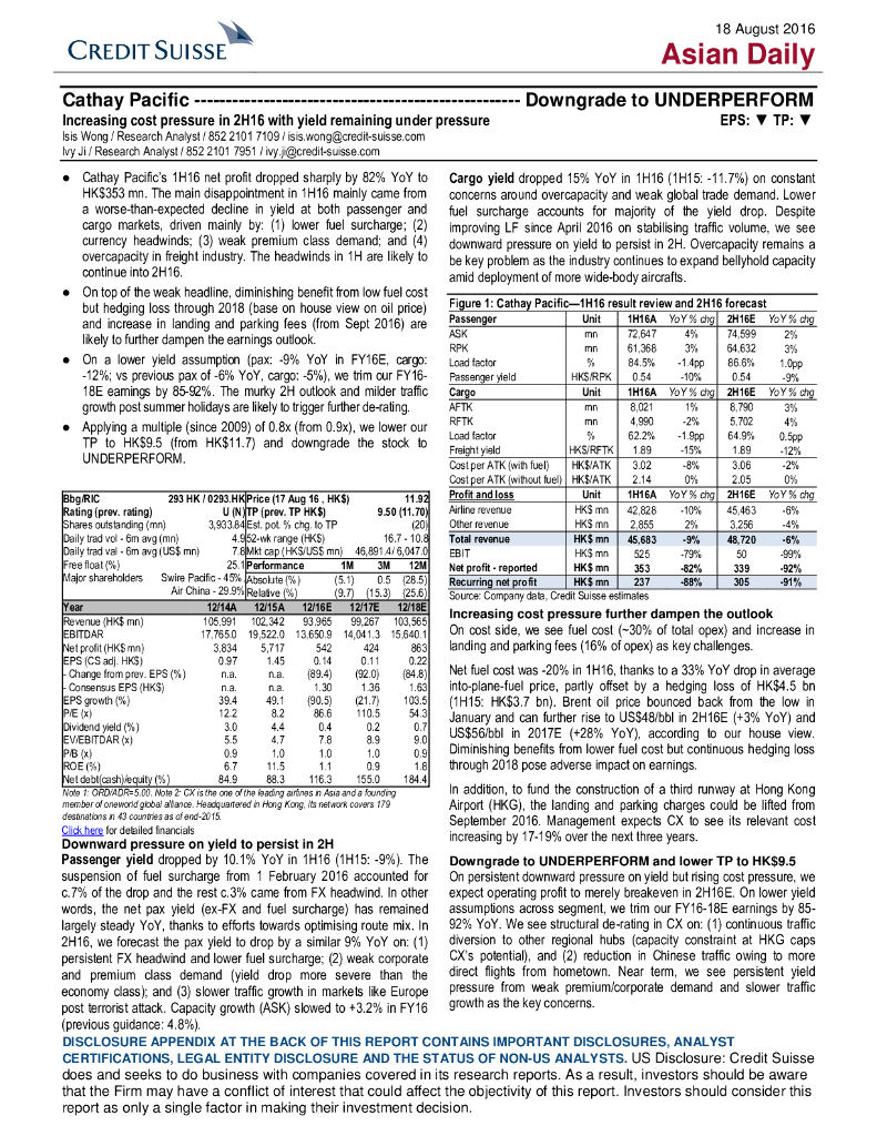 瑞信银行：国泰航空（00293）港股公司研究报告-Increasingcostpressurein2H16withyieldremainingunderpressure