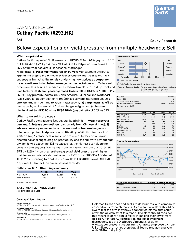高盛高华证券：国泰航空（00293）港股公司研究报告-Belowexpectationsonyieldpressurefrommultipleheadwinds;Sell