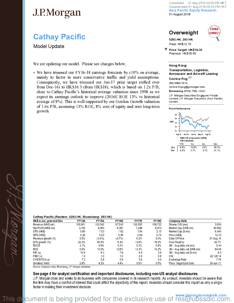 JP摩根资产管理公司亚洲：国泰航空（00293）港股公司研究报告-ModelUpdate