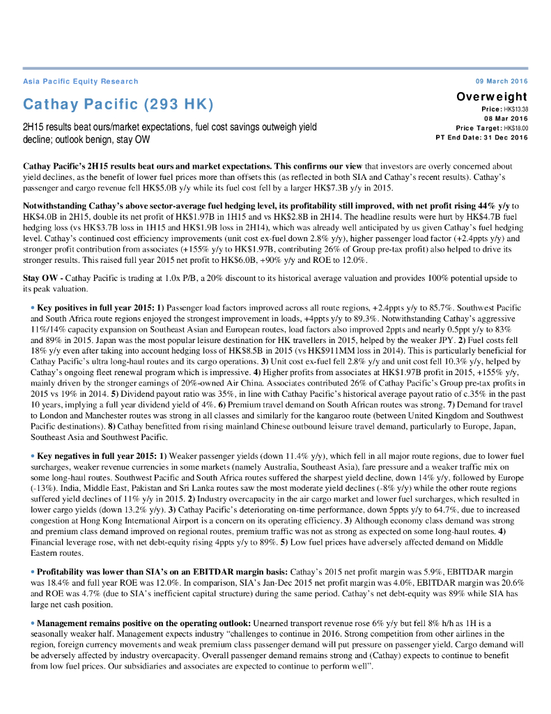 JP摩根资产管理公司亚洲：国泰航空（00293）港股公司研究报告-2H15resultsbeatours/marketexpectations,fuelcostsavingsoutweighyieldde