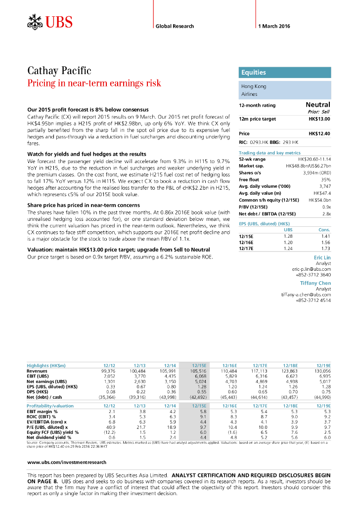 瑞银证券：国泰航空（00293）港股公司研究报告-Pricinginnear-termearningsrisk