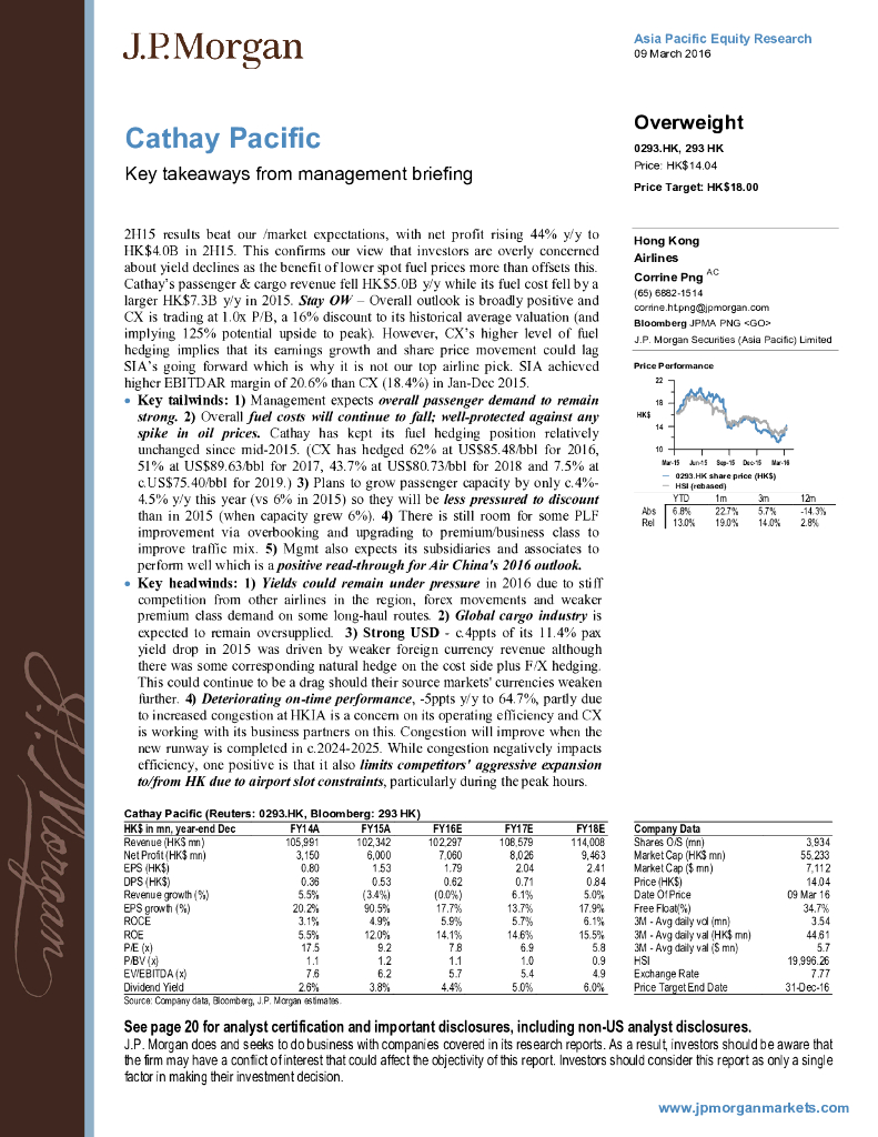 JP摩根资产管理公司亚洲：国泰航空（00293）港股公司研究报告-Keytakeawaysfrommanagementbriefing
