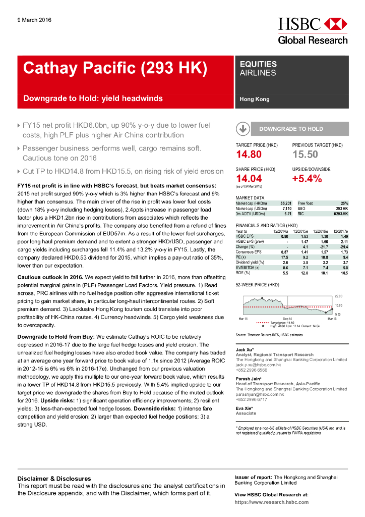 汇丰银行：国泰航空（00293）港股公司研究报告-DowngradetoHold:yieldheadwinds