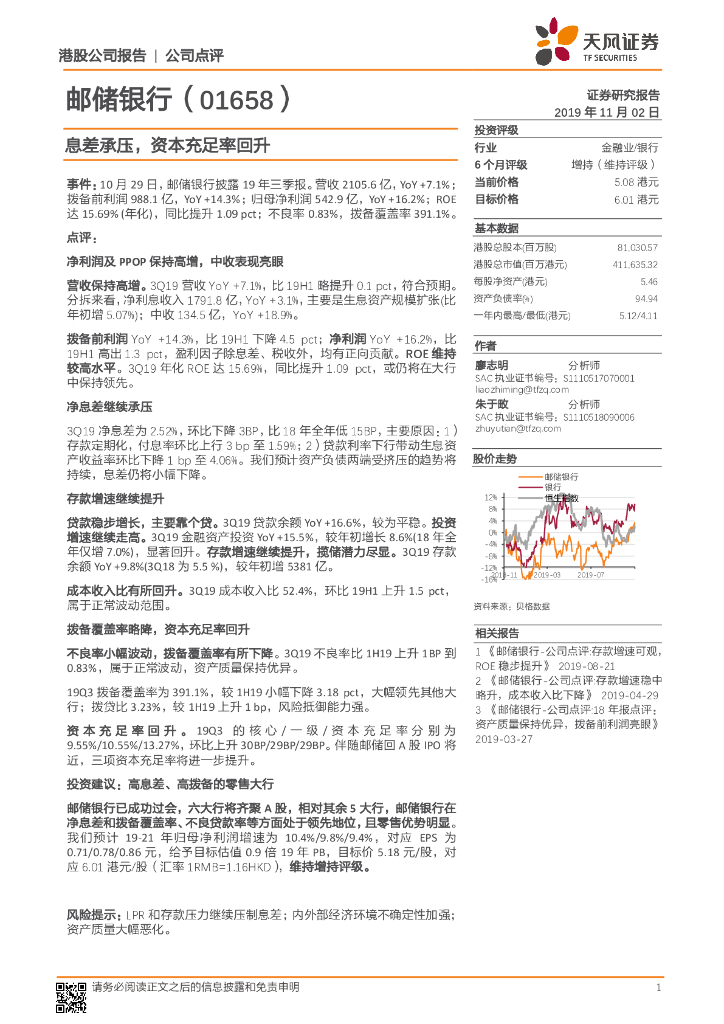 天风证券：邮储银行（01658）港股公司研究报告-息差承压，资本充足率回升