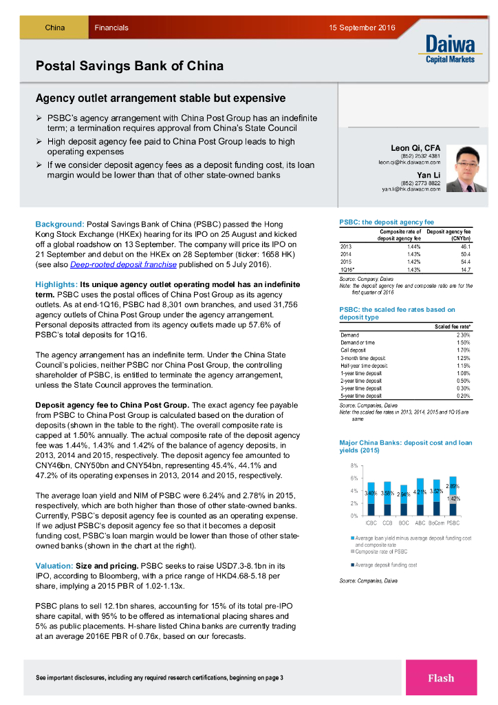 大和证券：邮储银行（01658）港股公司研究报告-Agencyoutletarrangementstablebutexpensive
