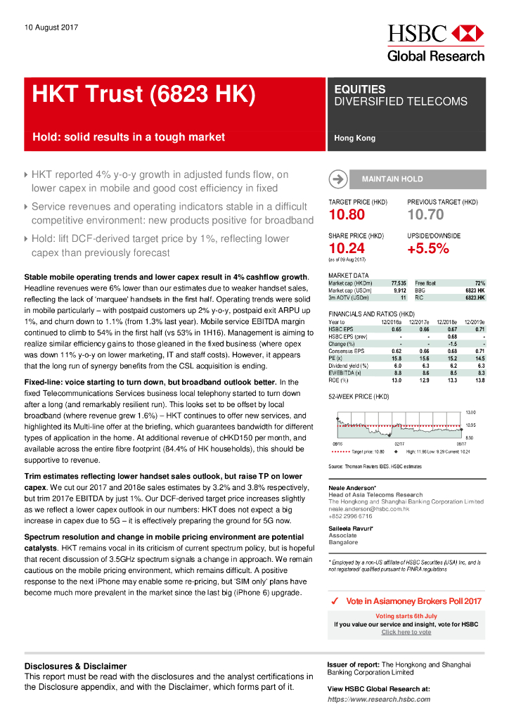汇丰银行：香港电讯-SS（06823）港股公司研究报告-Hold:solidresultsinatoughmarket