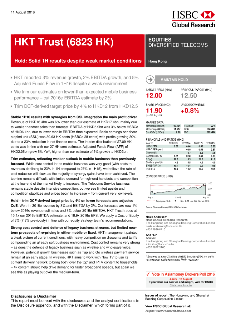 汇丰银行：香港电讯-SS（06823）港股公司研究报告-Hold:Solid1Hresultsdespiteweakmarketconditions