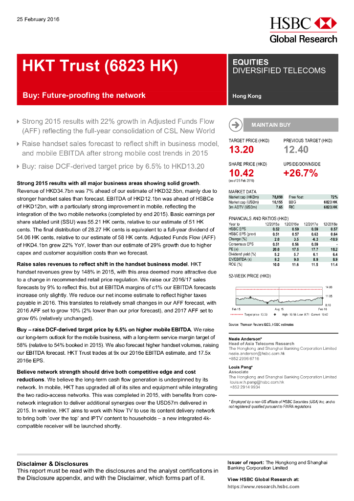 汇丰银行：香港电讯-SS（06823）港股公司研究报告-Buy:Future-proofingthenetwork