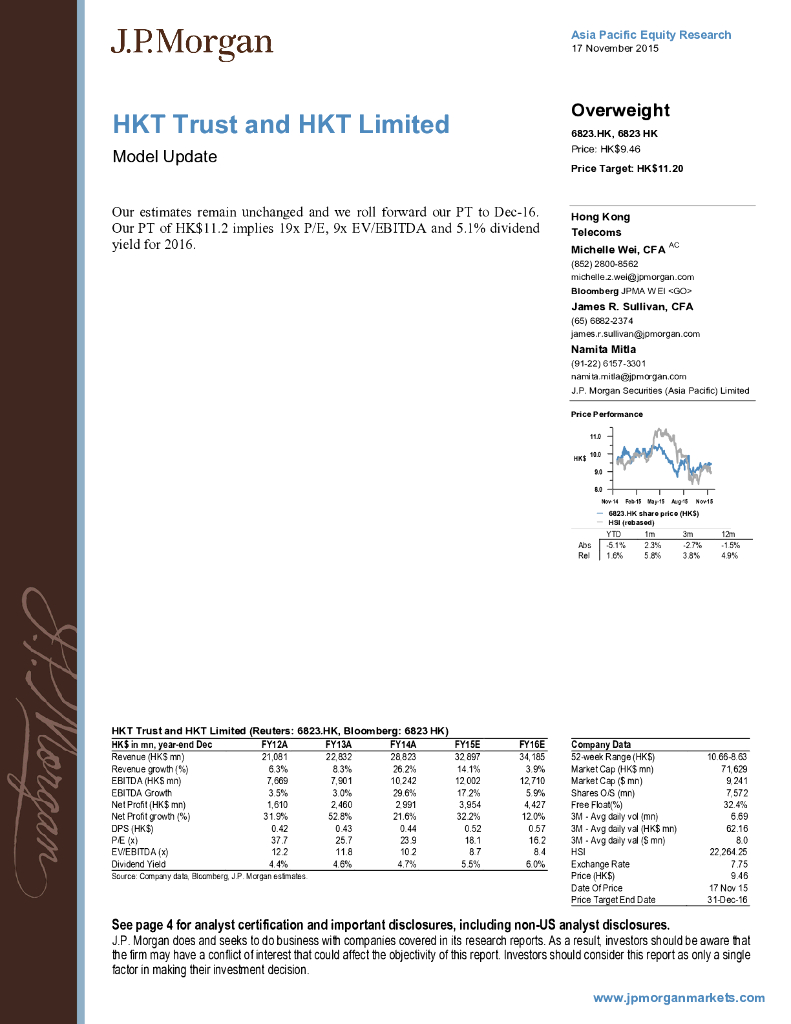 JP摩根资产管理公司亚洲：香港电讯-SS（06823）港股公司研究报告-ModelUpdate