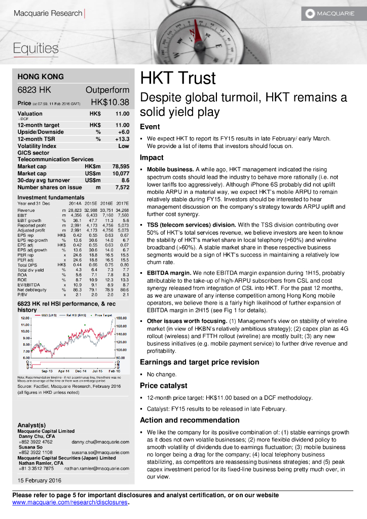 麦格理资本：香港电讯-SS（06823）港股公司研究报告-Despiteglobalturmoil,HKTremainsasolidyieldplay