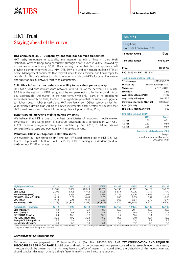 瑞银证券：香港电讯-SS（06823）港股公司研究报告-Stayingaheadofthecurve