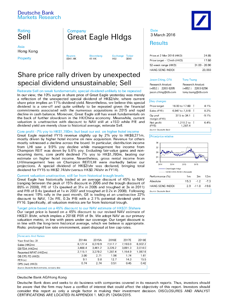 德意志银行：鹰君（00041）港股公司研究报告-Sharepricerallydrivenbyunexpectedspecialdividendunsustainable;Sell